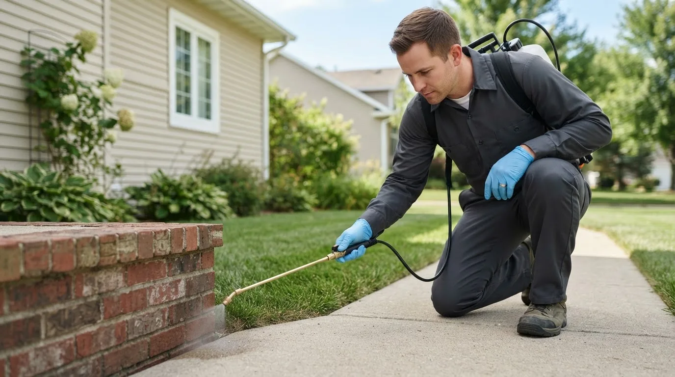 Pest control technician treating a home near Webbville, KY